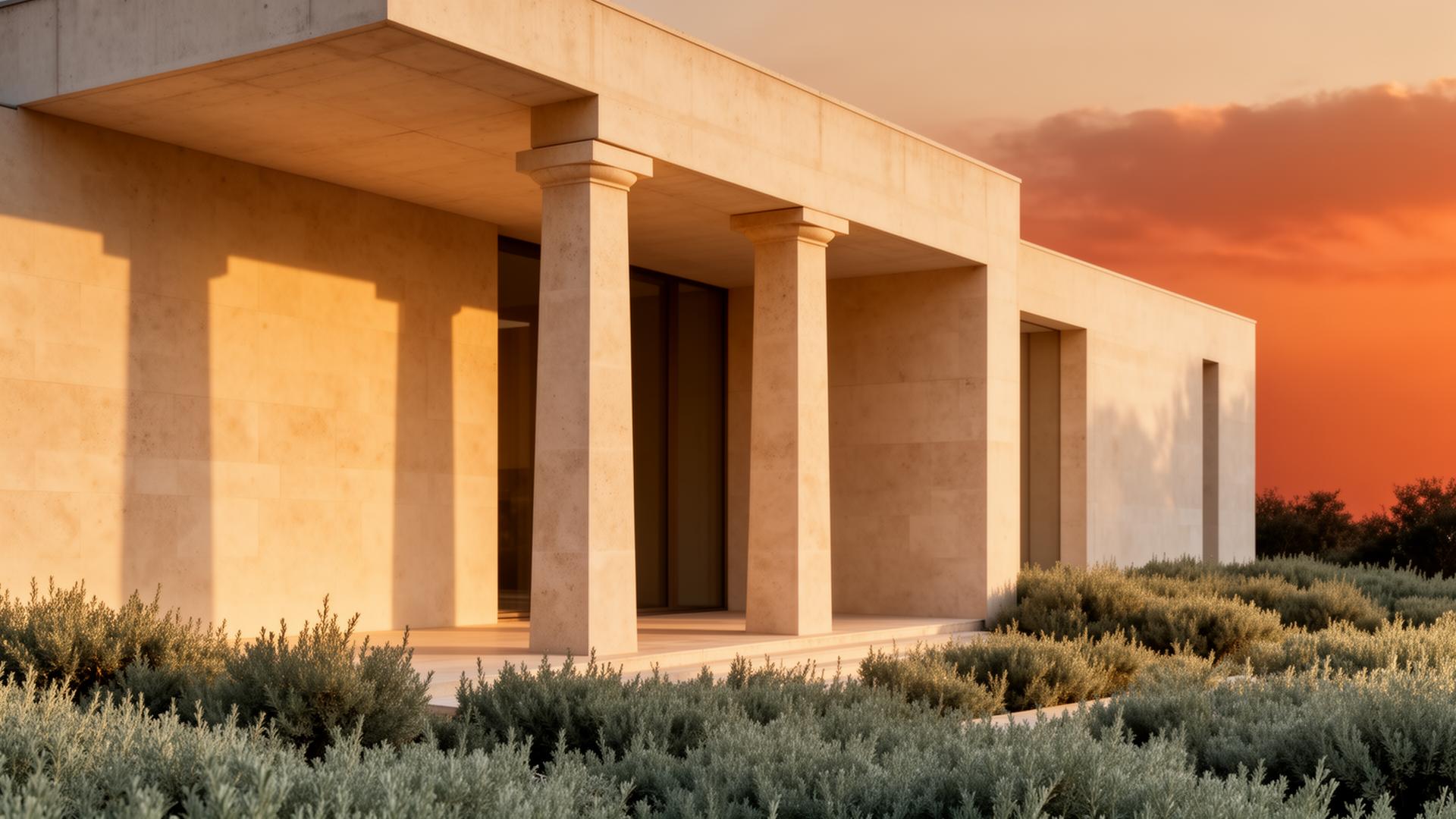 Muses 9 Designs architecture, sunlit limestone columns